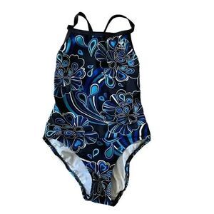 TYR Durafast Lined Blue Black White Floral Racerback Performance Girls Women’s S